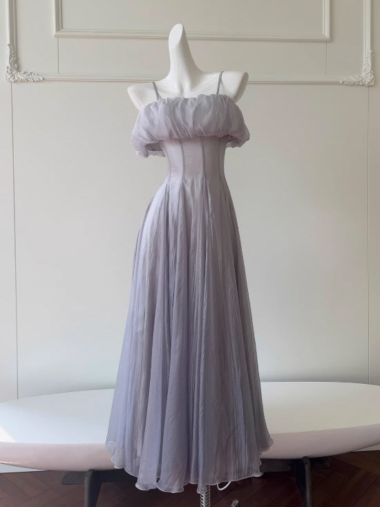 Moonlit Silver-Lavender Off-Shoulder Chiffon Dress