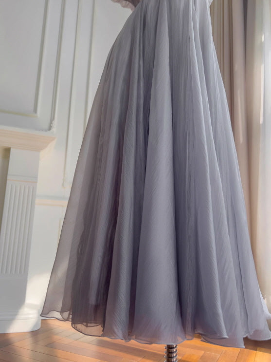 Moonlit Silver-Lavender Off-Shoulder Chiffon Dress