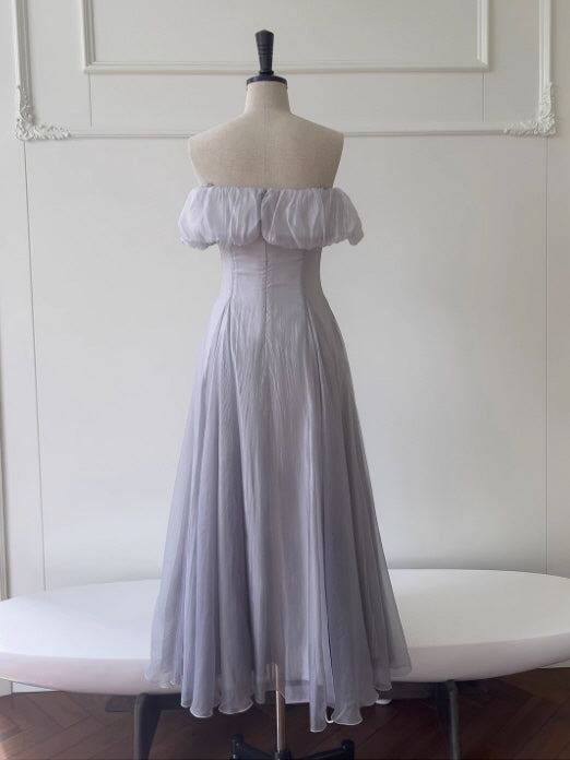 Moonlit Silver-Lavender Off-Shoulder Chiffon Dress