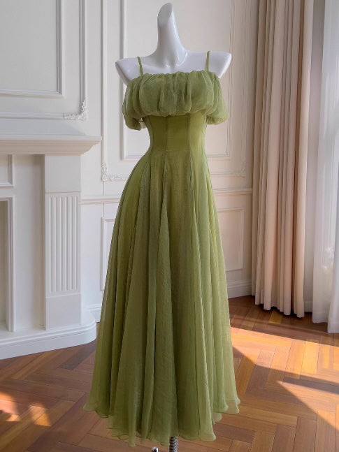 Off-Shoulder Olive Chiffon Gown Fairycore Silhouette & Flowing Dress L Off-Shoulder Olive Chiffon Gown Fairycore Silhouette & Flowing Dress L