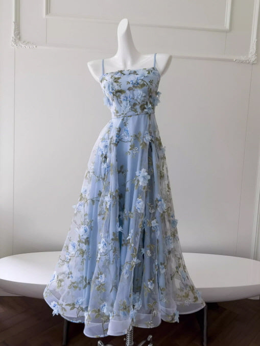 Light Blue Floral Embroidered Dress – Fairycore Princesscore Outfit M