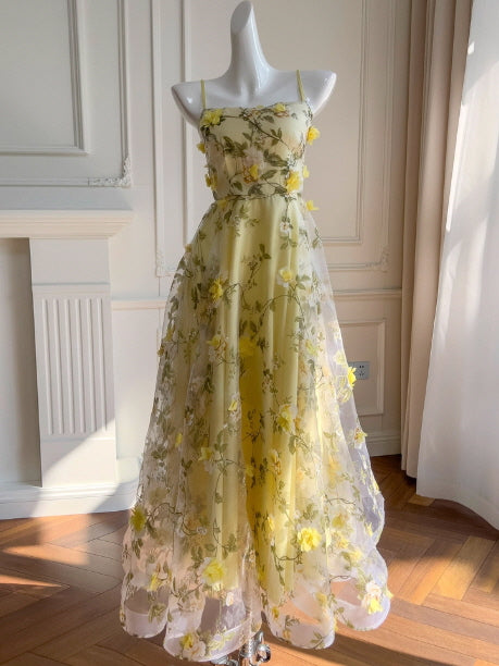 Yellow Floral Embroidered Tulle Dress – Fairycore Princesscore Party Outfit M