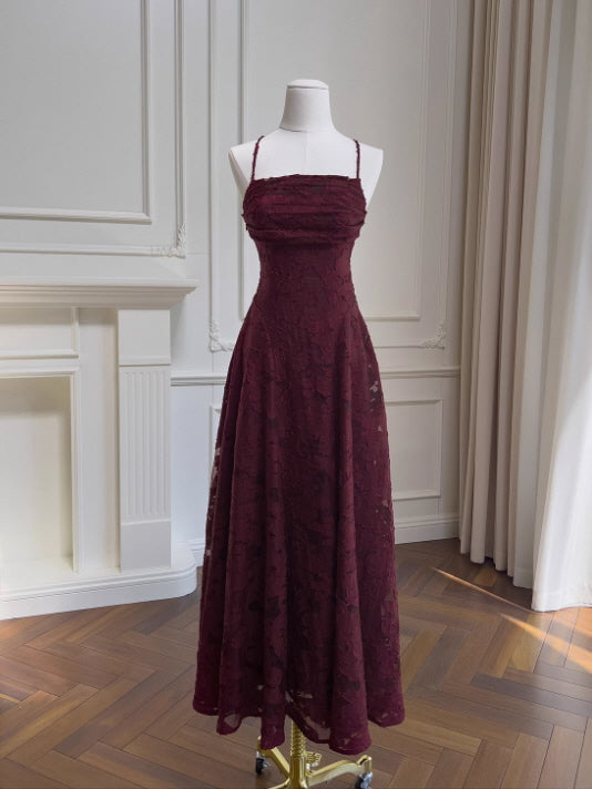 Wine Red Lace Evening Dress Ruched Bodice & Open Back Vintage Fairycore Princesscore Outfit Wine Red Lace Evening Dress Ruched Bodice & Open Back Vintage Fairycore Princesscore Outfit