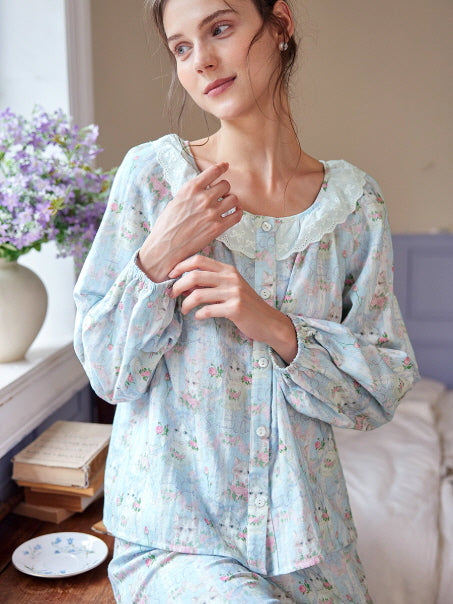 Pastel Meadow Cat Print Ruffle Loungewear Set