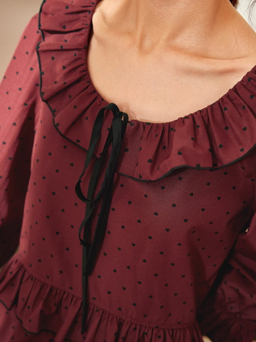 Wine Ribbon Ruffle Vintage Loungewear Set