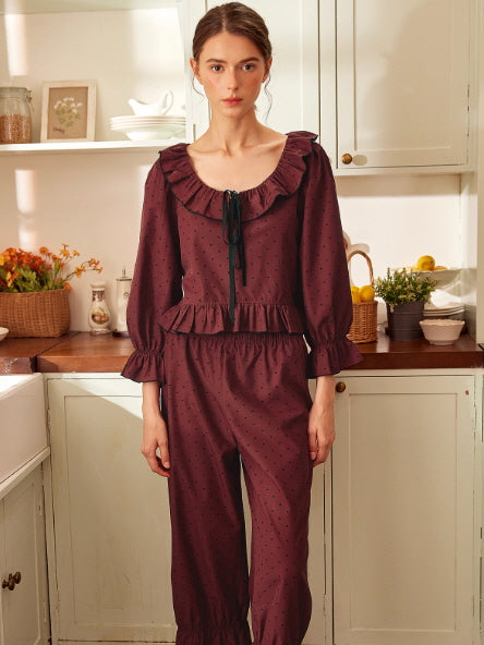 Wine Ribbon Ruffle Vintage Loungewear Set