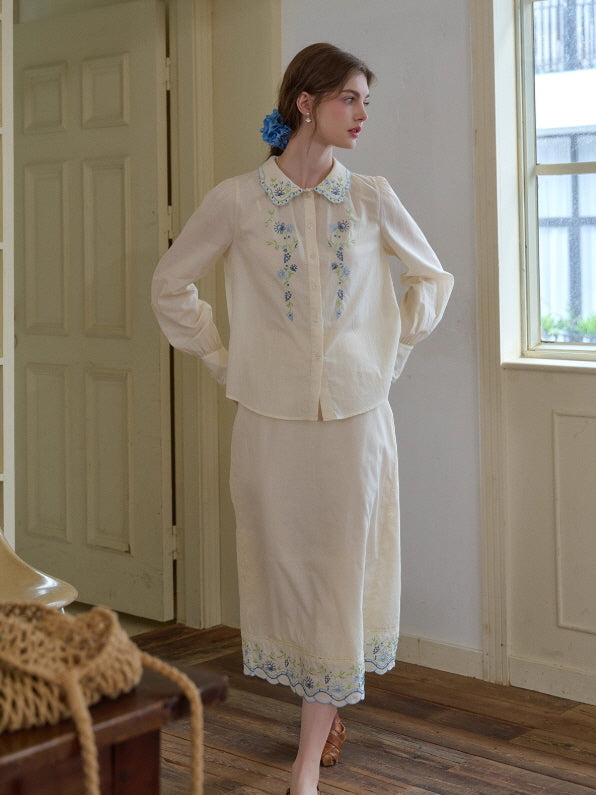 Blue Meadow Embroidered Hem Skirt