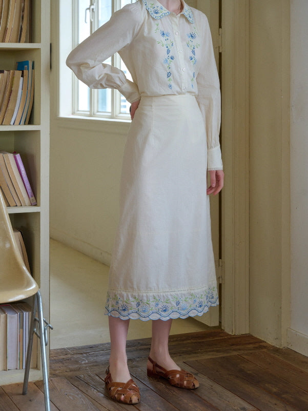 Blue Meadow Embroidered Hem Skirt