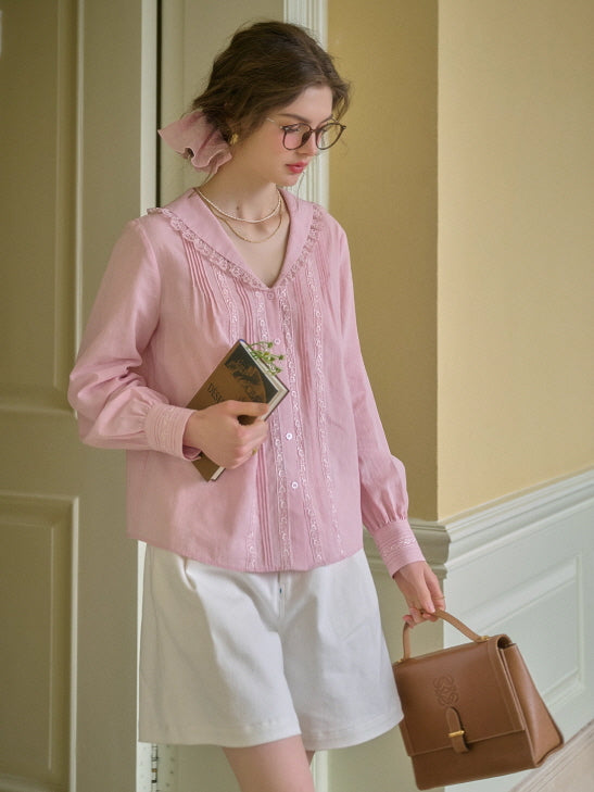 Rosy Lace Collar Vintage Blouse