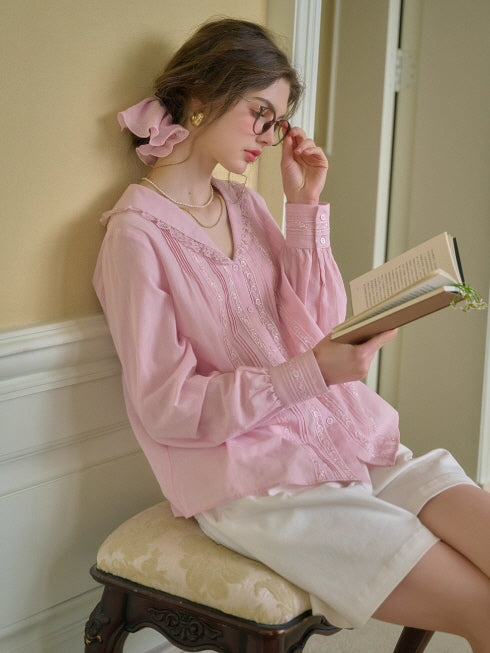 Rosy Lace Collar Vintage Blouse