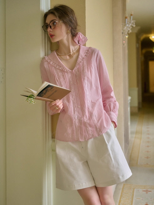 Rosy Lace Collar Vintage Blouse