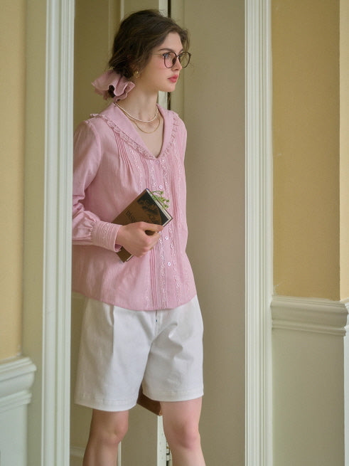 Rosy Lace Collar Vintage Blouse