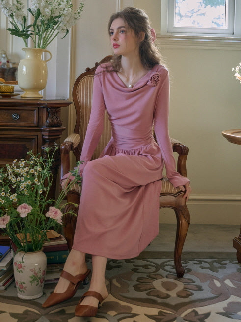 Blush Draped Rose Detail Long Dress – Elegant Vintage Aesthetic Outfit Blush Draped Rose Detail Long Dress – Elegant Vintage Aesthetic Outfit