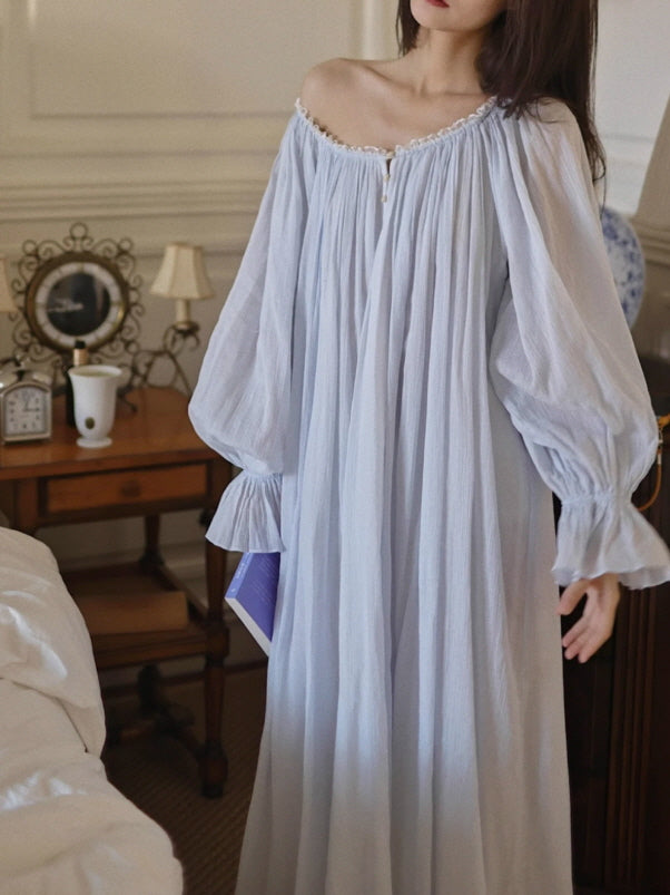 Moonlit Blue Ruffle Long-Sleeve Nightgown