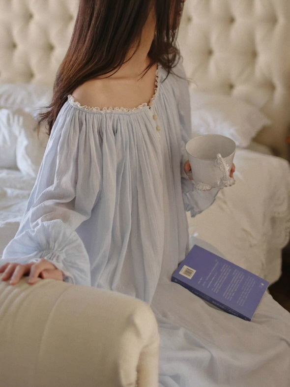 Moonlit Blue Ruffle Long-Sleeve Nightgown