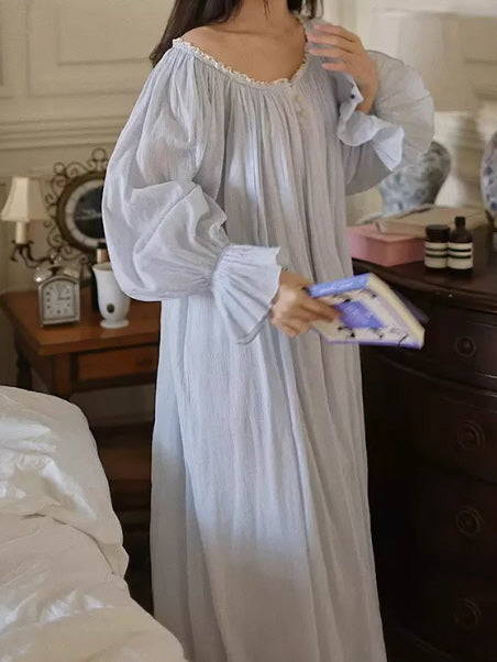Moonlit Blue Ruffle Long-Sleeve Nightgown