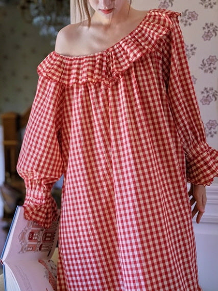 Gingham Ruffle Cottage Long-Sleeve Nightgown