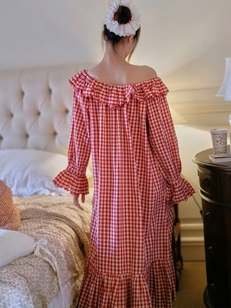 Gingham Ruffle Cottage Long-Sleeve Nightgown