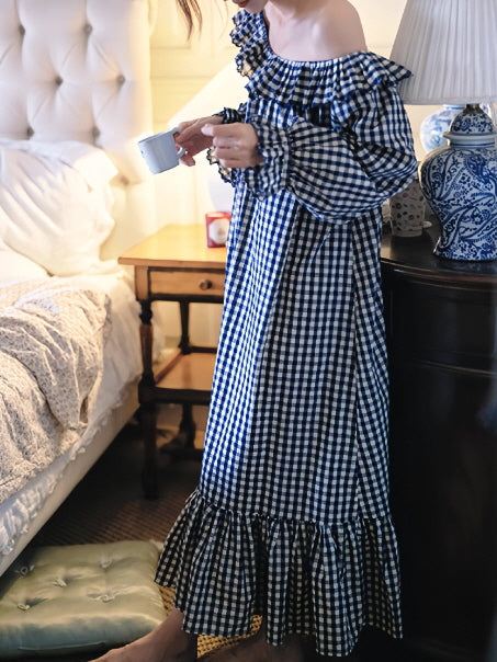 Gingham Ruffle Cottage Long-Sleeve Nightgown