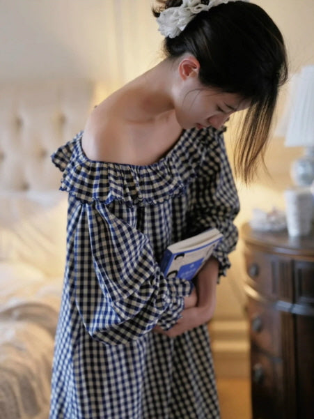 Gingham Ruffle Cottage Long-Sleeve Nightgown