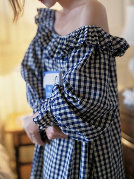 Gingham Ruffle Cottage Long-Sleeve Nightgown