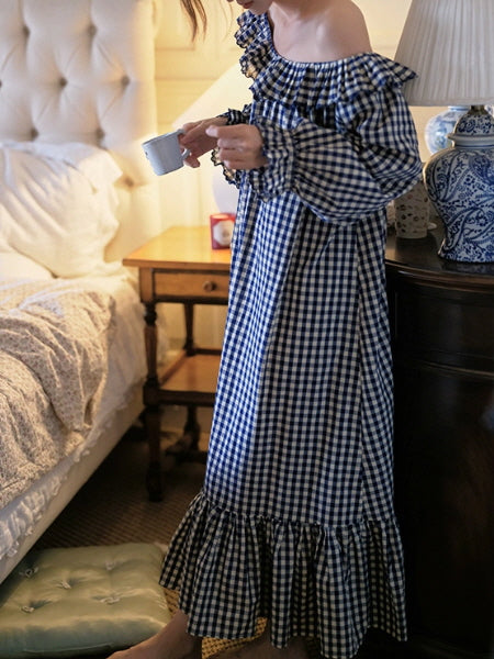 Gingham Ruffle Cottage Long-Sleeve Nightgown