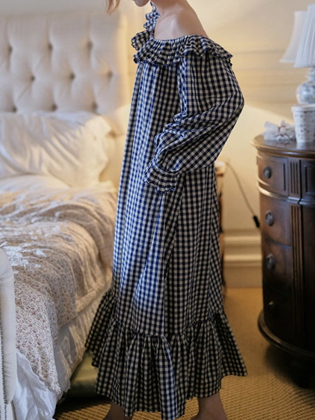 Gingham Ruffle Cottage Long-Sleeve Nightgown