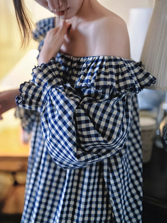 Gingham Ruffle Cottage Long-Sleeve Nightgown