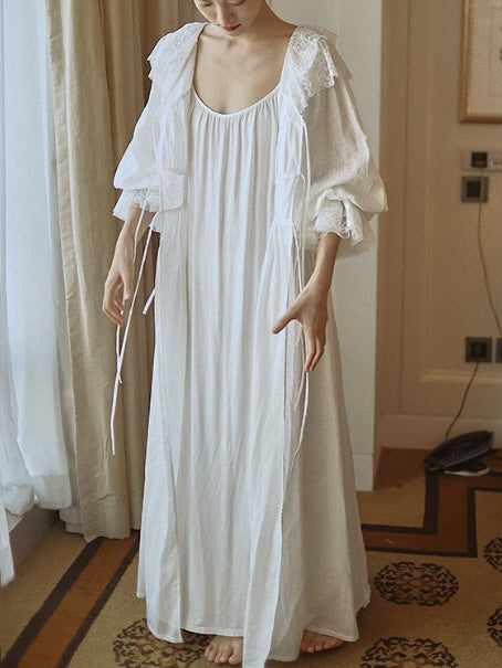 White Lace Layered Vintage Long-Sleeve Nightgown Set