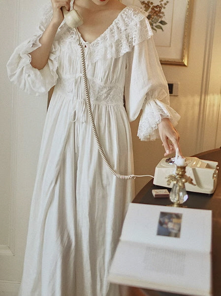White Lace Layered Vintage Long-Sleeve Nightgown Set