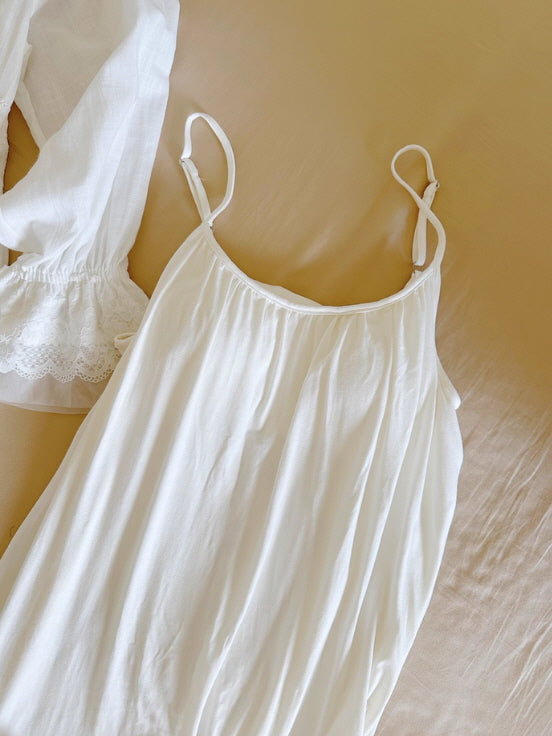 White Lace Layered Vintage Long-Sleeve Nightgown Set