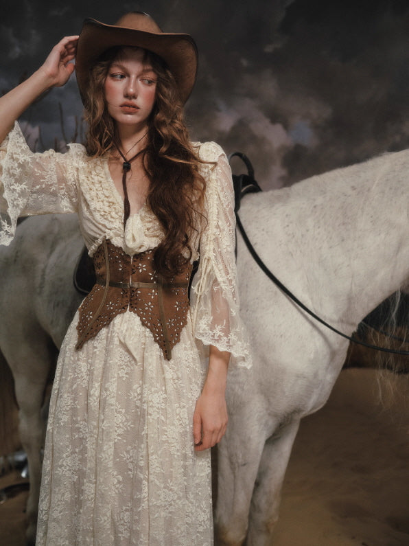 Moonlit Lace Long Dress – Embroidered Sheer Dress with Slit – Cottagecore | Vintage