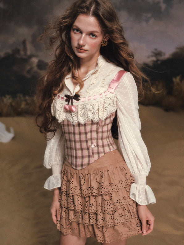 Rosy Plaid Lace Ribbon Corset
