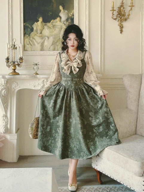 Forest Jacquard Vintage Dress –– Cottagecore Vintage Aesthetic Outfit Blouse / S