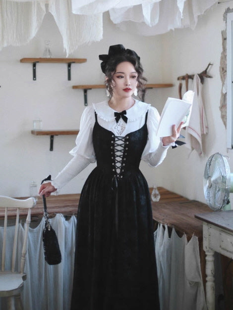 Black Lace-Up Velvet Corset Dress Vintage | Cottagecore Aesthetic Outfit Dress / S Black Lace-Up Velvet Corset Dress Vintage | Cottagecore Aesthetic Outfit Dress / S