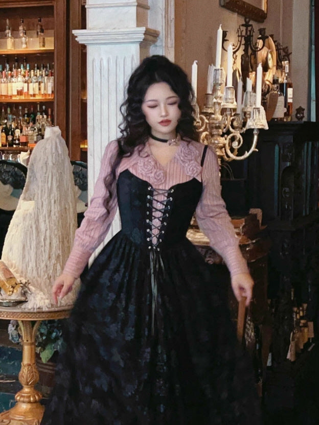 Midnight Rose Lace-Up Vintage Dress