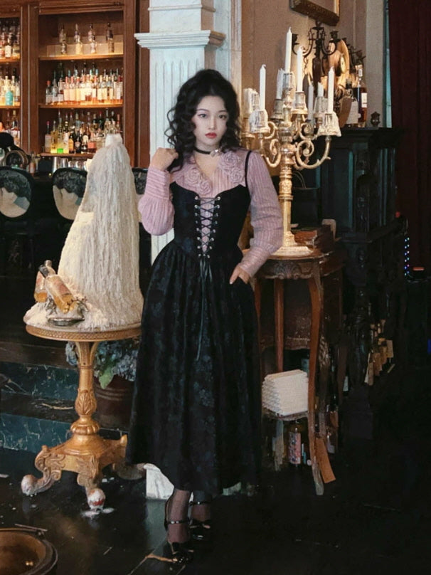 Midnight Rose Lace-Up Vintage Dress