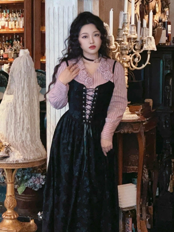 Midnight Rose Lace-Up Vintage Dress