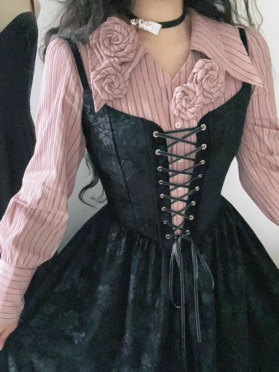 Black Lace-Up Vintage Dress – Princesscore Cottagecore Aesthetic Outfit Dress(Pre-Sale) / S