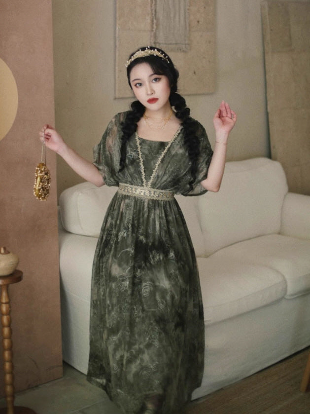 Forest Green Embroidered Lace Dress Vintage Fairytale Aesthetic Outfit S Forest Green Embroidered Lace Dress Vintage Fairytale Aesthetic Outfit S