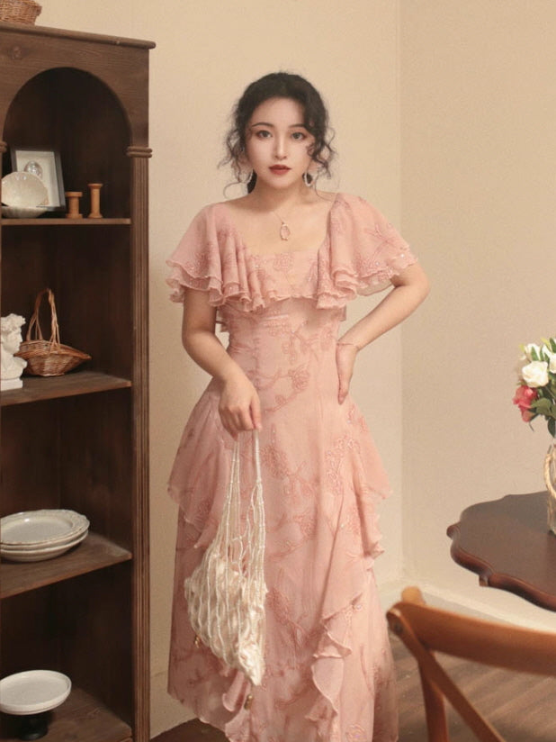 Rosy Cascade Vintage Ruffle Fairy Dress