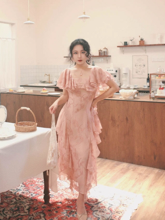 Rosy Cascade Vintage Ruffle Fairy Dress