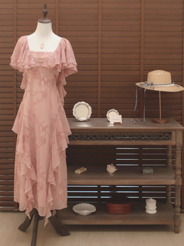 Rosy Cascade Vintage Ruffle Fairy Dress