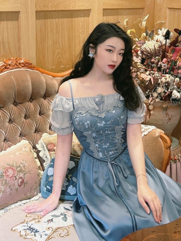 Moonlit Garden Lace-Embroidered Off-Shoulder Dress