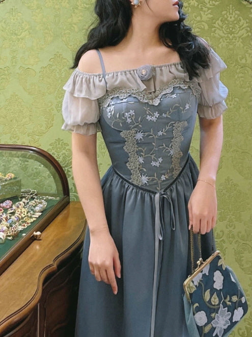 Moonlit Garden Lace-Embroidered Off-Shoulder Dress