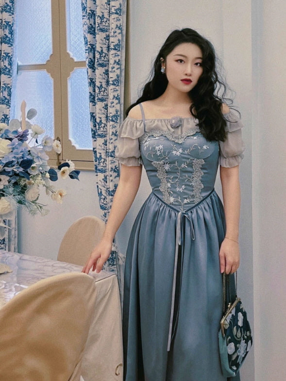 Moonlit Garden Lace-Embroidered Off-Shoulder Dress