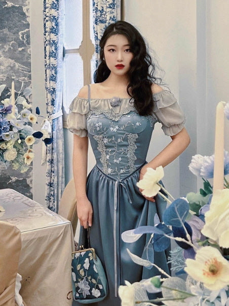 Moonlit Garden Lace-Embroidered Off-Shoulder Dress