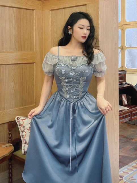 Moonlit Garden Lace-Embroidered Off-Shoulder Dress