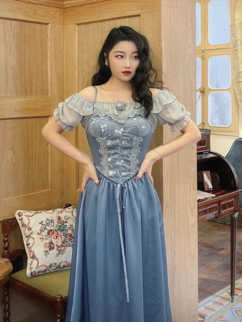 Moonlit Garden Lace-Embroidered Off-Shoulder Dress