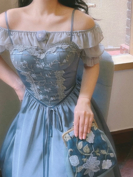 Moonlit Garden Lace-Embroidered Off-Shoulder Dress